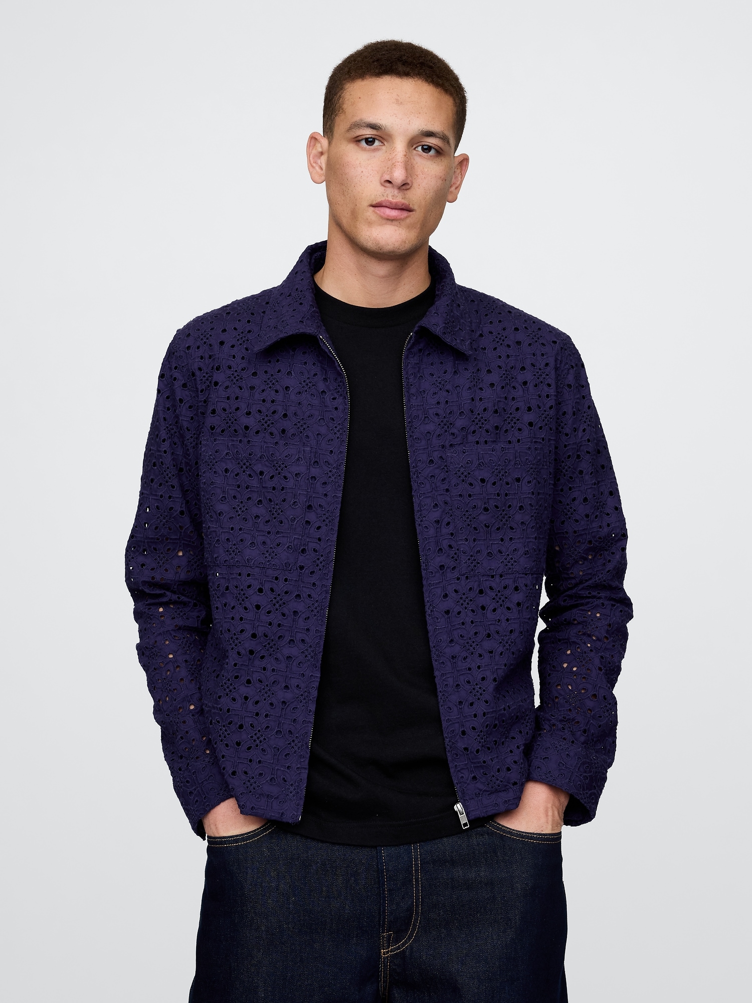 Poplin Eyelet Full-Zip Pocket Shirt