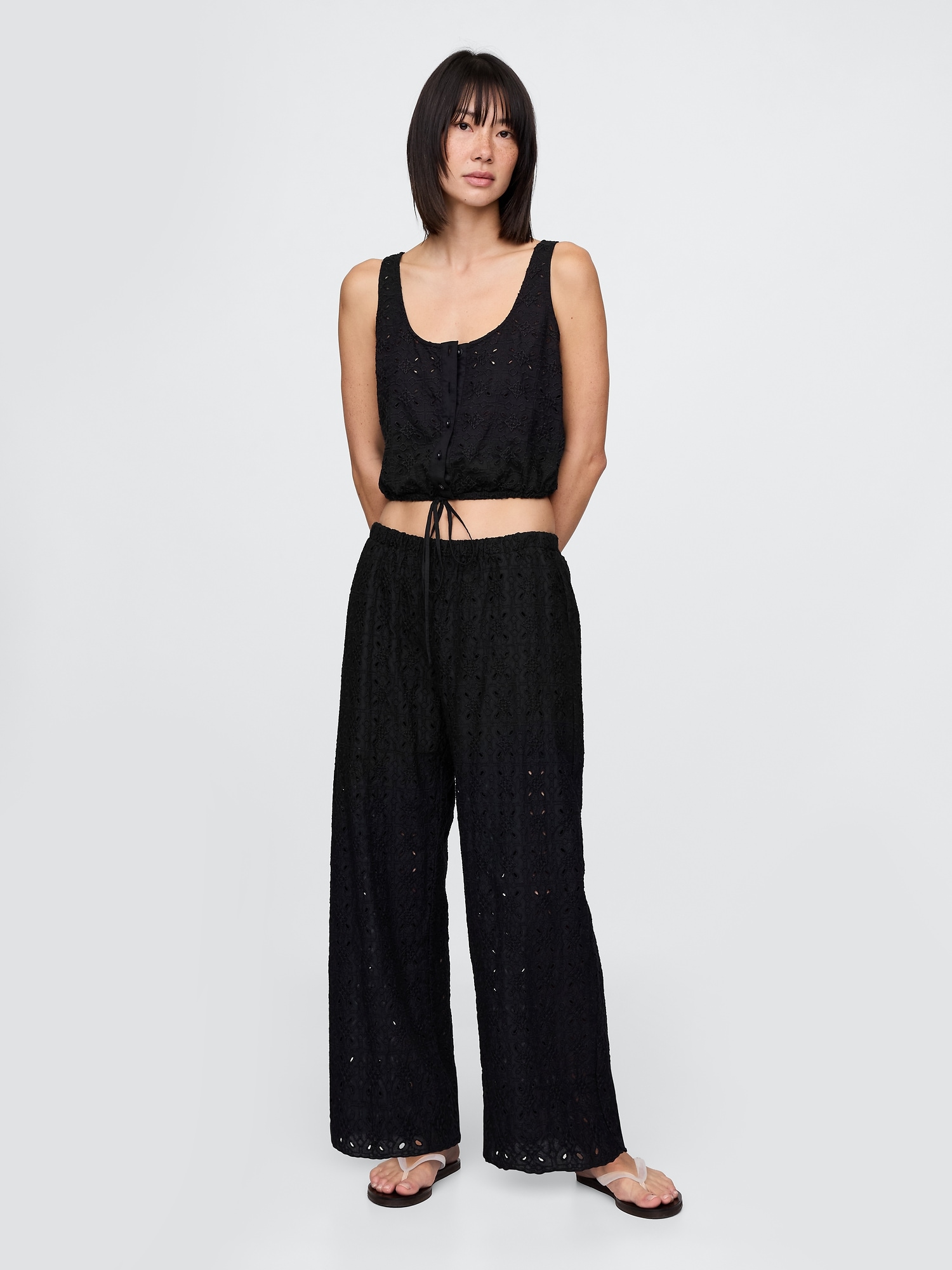 Mid Rise Eyelet Easy Wide-Leg Pants