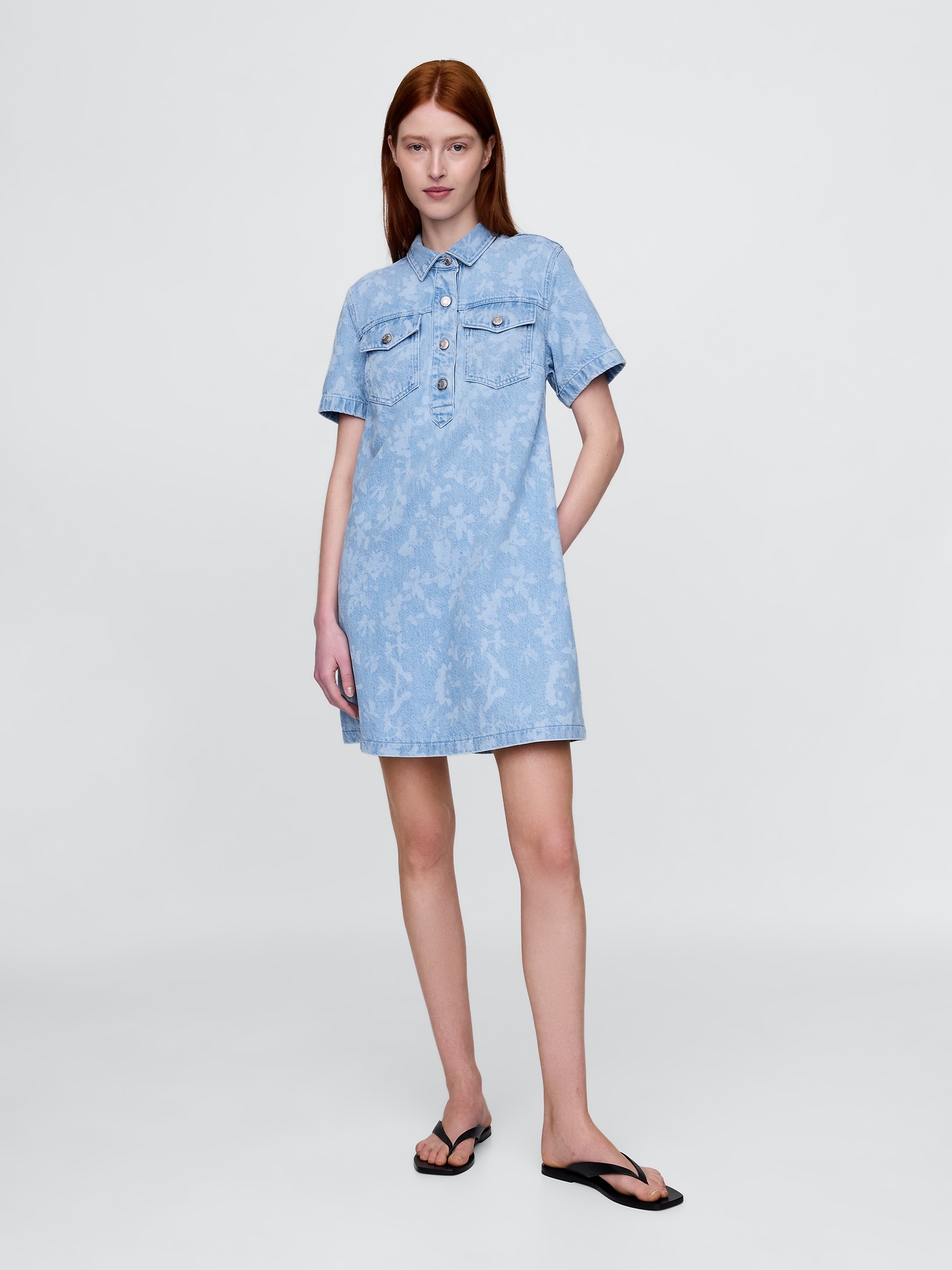 UltraSoft Denim Floral Popover Mini Dress